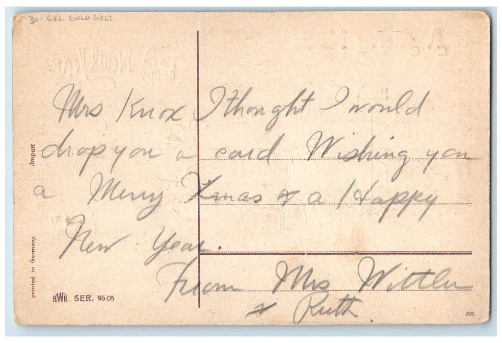 c1910's Christmas And New Year Angel Pulling Cart Coins Gel Gold Gilt Postcard