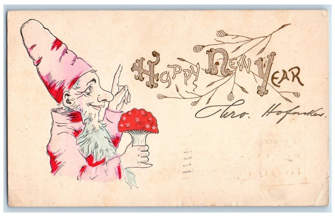 1901 New Year Gnome Elfs Holding Mushroom Embossed New York NY Antique Postcard