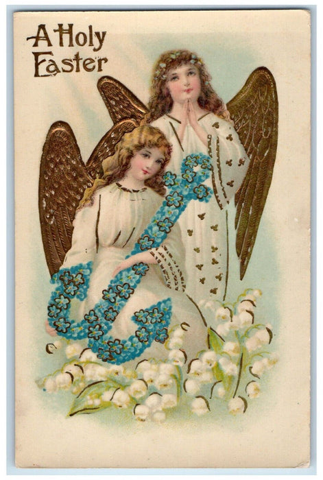 c1910's Holy Easter Angels Anchor Covered Pansies Flowers Gel Gold Gilt Postcard