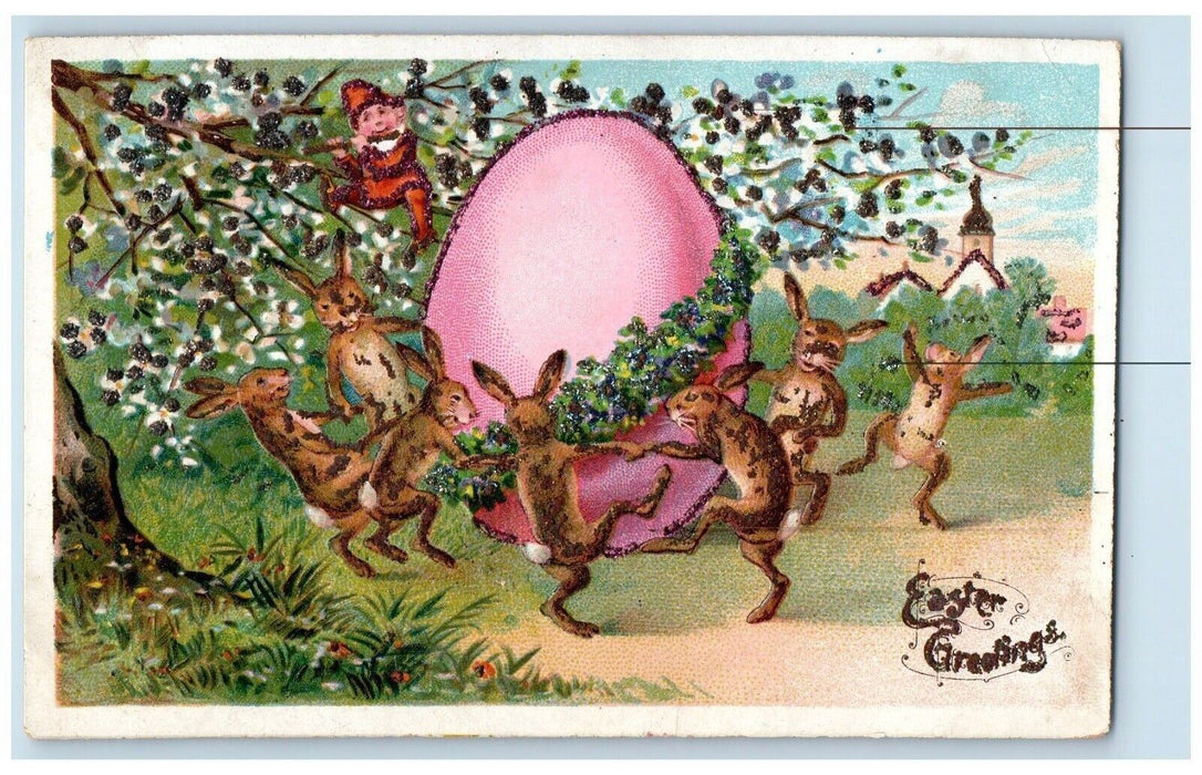 Easter Greetings Elf Gnome Bunnies Rabbits Playing Giant Egg Glitter Postcard