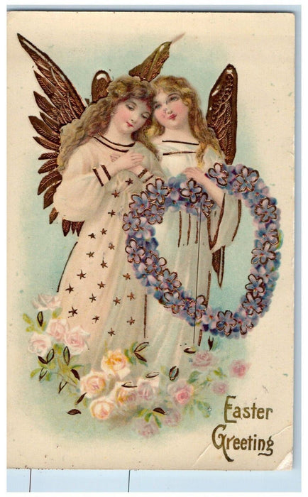 Easter Greetings Angel Heart Flowers Gel Gold Gilt Embossed Antique Postcard