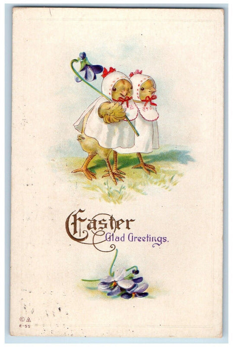 1914 Easter Greetings Anthropomorphic Chicks Flowers Gel Gold Gilt Nash Postcard