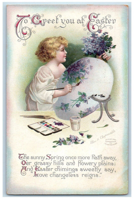 Easter Girl Painting Egg Flowers Ellen Clapsaddle Artist Signed Antique Postcard