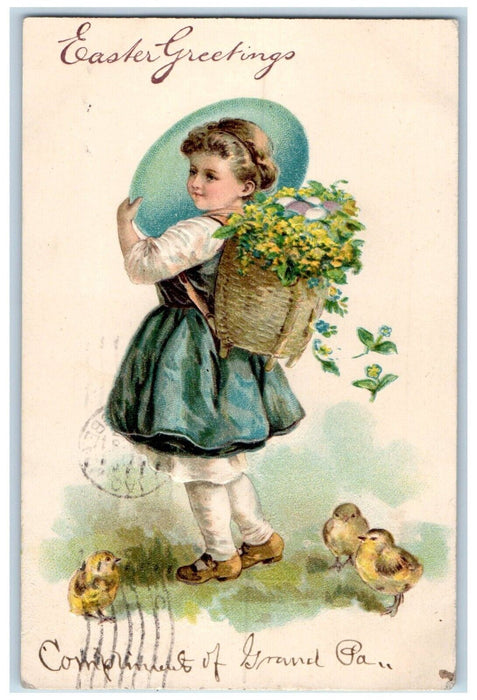 1906 Easter Greetings Girl Flowers Basket And Egg Chicks Long Beach CA Postcard