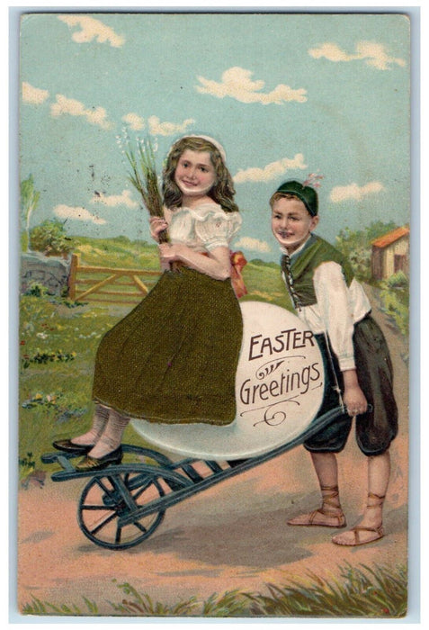 1910 Easter Greetings Girl On Top Of Big Egg Cart Pipe Berry Silk Postcard