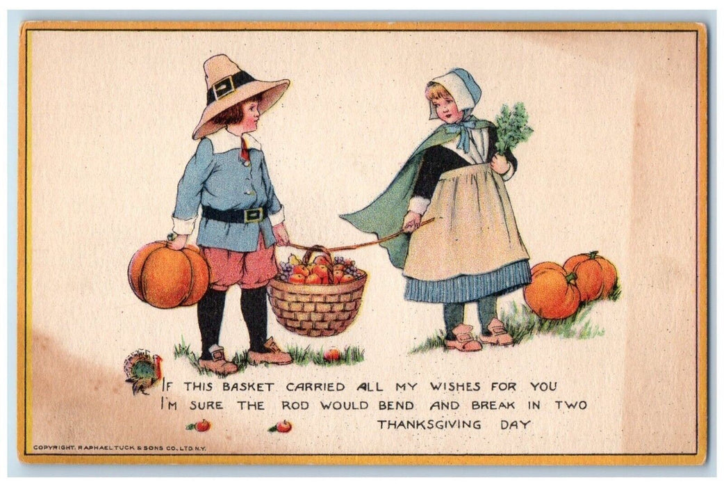 c1910's Thanksgiving Day Children Harvested Fruits Basket Pumpkin Tucks Postcard