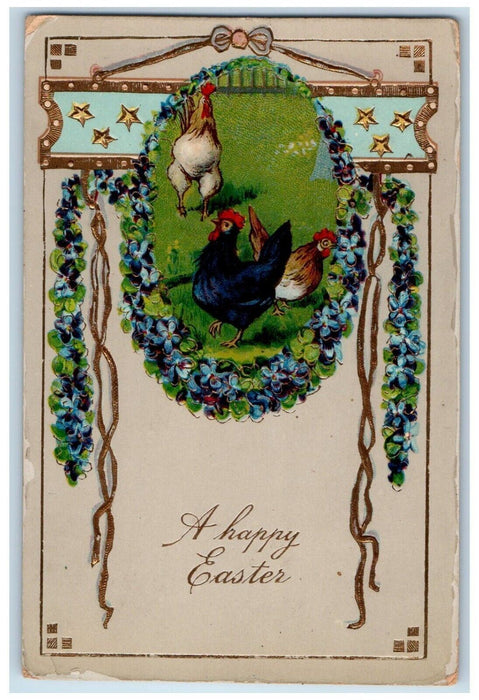 c1910's Easter Art Nouveau Rooster Chicken Flowers Gel Gold Gilt Posted Postcard
