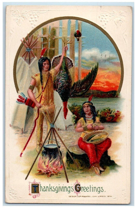 1915 Thanksgiving Greetings Indian Woman Cooking Turkey John Wisnch Postcard