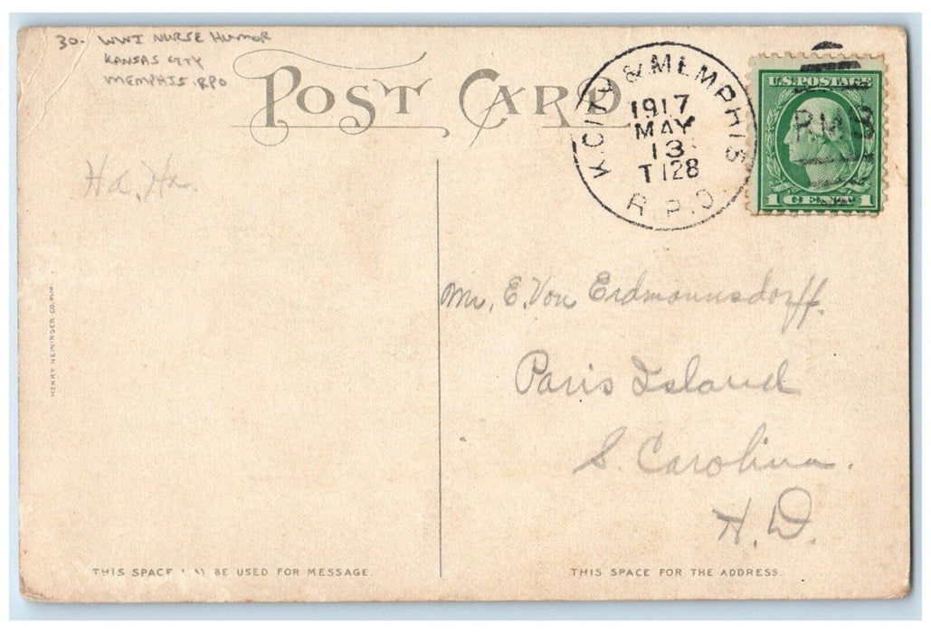 1917 WWI Nurse Military Bandage Humor Kansas City Memphis RPO Antique Postcard