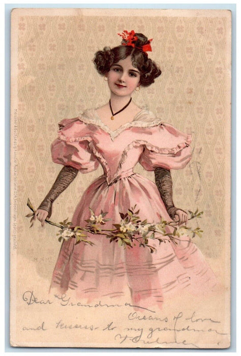 1907 Pretty Woman Pink Gown Flowers Europe San Francisco California CA Postcard