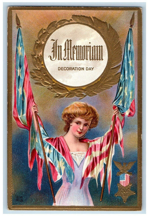 Decoration Day Woman Holding Flag Patriotic Embossed Nash Antique Postcard