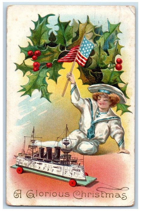 1908 Christmas Boy Steamer Toy US Navy Flag Holly Berries Louisville KY Postcard