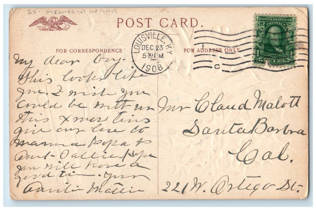 1908 Christmas Boy Steamer Toy US Navy Flag Holly Berries Louisville KY Postcard
