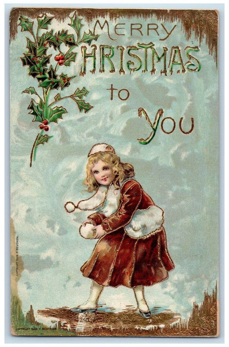 1912 Christmas Girl Snowball Berries Gel Gold Gilt San Diego CA Posted Postcard