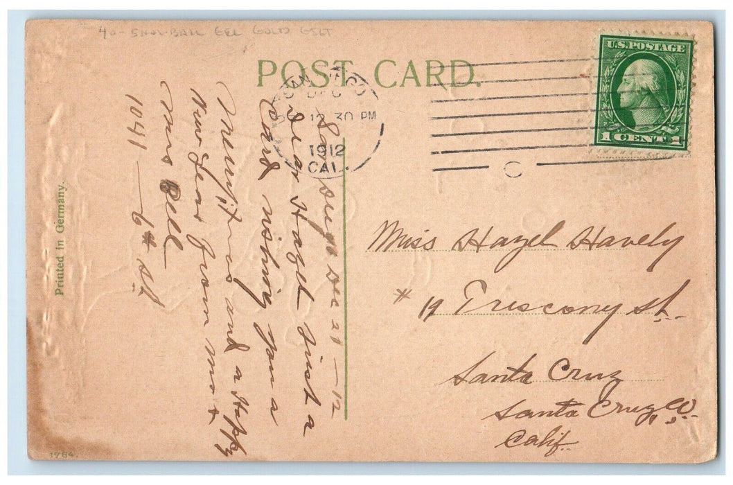 1912 Christmas Girl Snowball Berries Gel Gold Gilt San Diego CA Posted Postcard