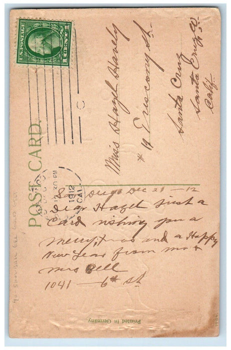 1912 Christmas Girl Snowball Berries Gel Gold Gilt San Diego CA Posted Postcard