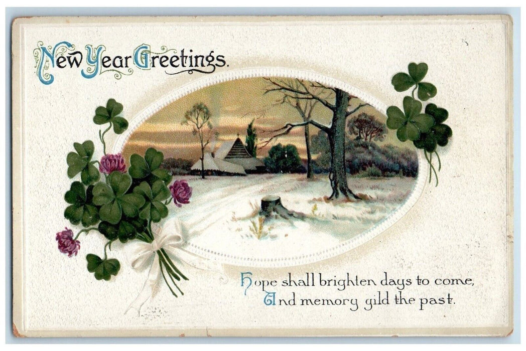 New Year Greetings Shamrock Flowers House Church Winter Clapsaddle Postcard