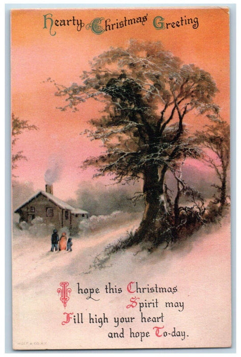 c1910's Christmas Greeting House Chimney Winter Wolf Unposted Antique Postcard