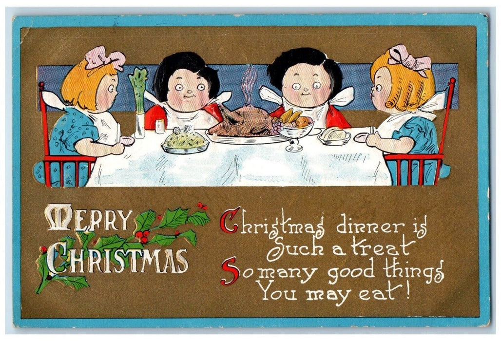c1910's Christmas Dinner Treat Holly Berries Embossed Posted Antique Postcard