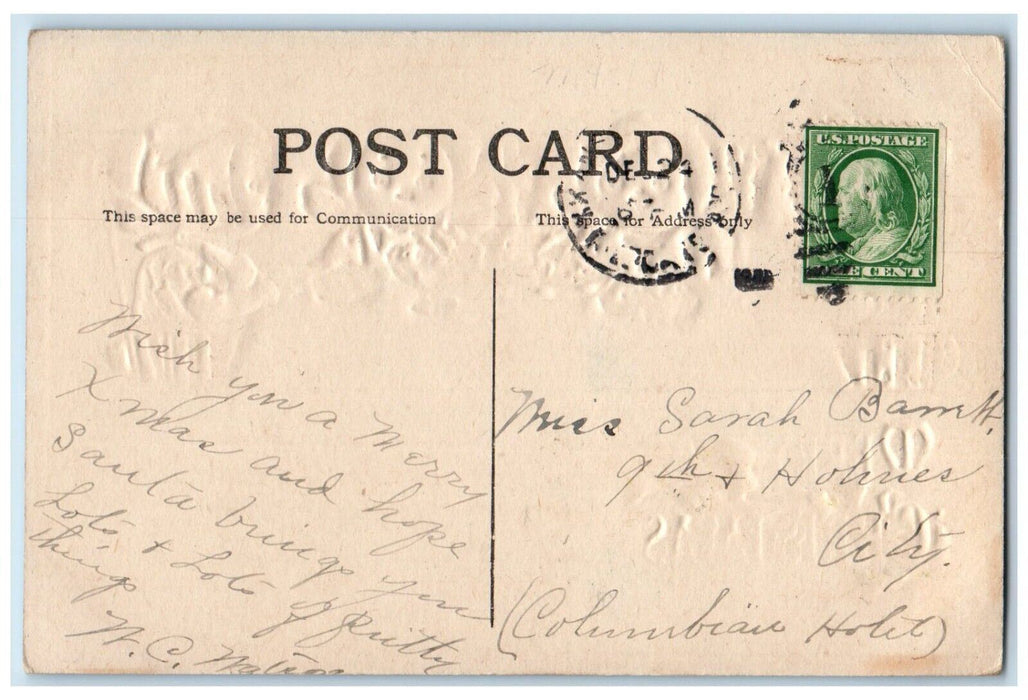 c1910's Christmas Dinner Treat Holly Berries Embossed Posted Antique Postcard
