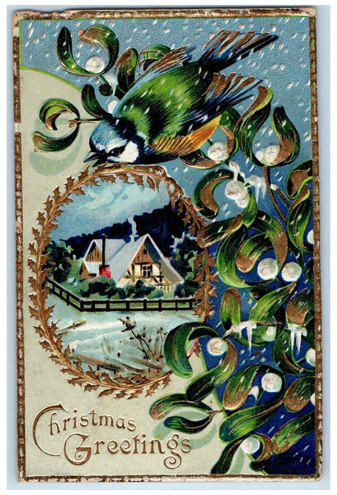 1910 Christmas Greetings Song Bird House Winter Mistletoe Embossed Postcard