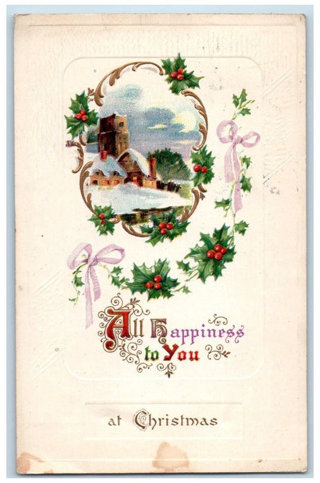 1913 Christmas Holly Berries House Winter Embossed Brackenridge PA Postcard