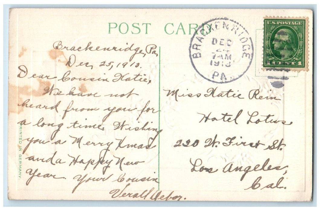 1913 Christmas Holly Berries House Winter Embossed Brackenridge PA Postcard