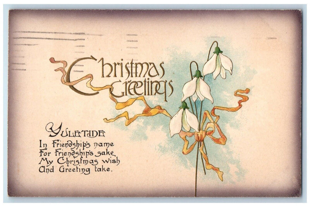 1911 Christmas Greetings Ribbon Flowers Niagara Falls Ontario Canada Postcard