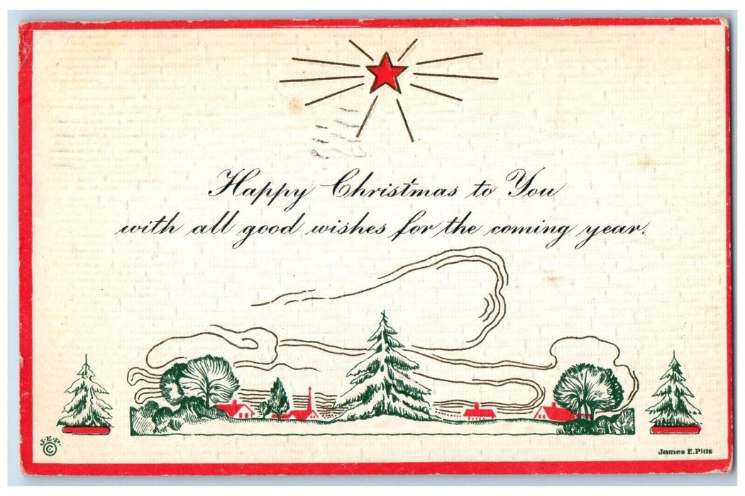 1914 Christmas Minimalist Pine Trees Stars James E. Pitts Embossed Postcard