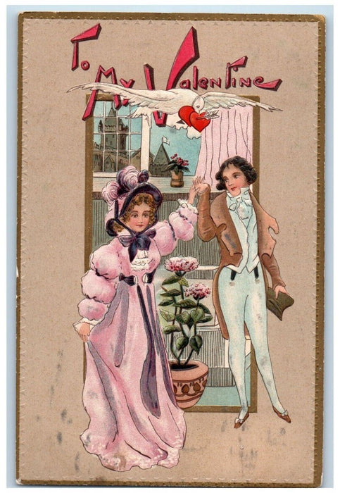 1910 Valentine Couple Romance Flowers Dove Hearts Keokuk Iowa IA Posted Postcard