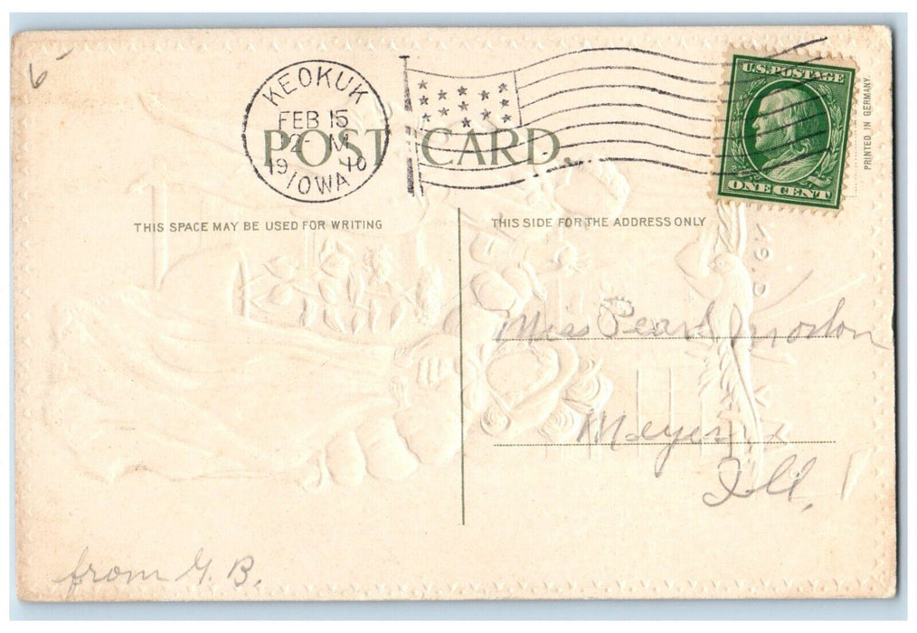 1910 Valentine Couple Romance Flowers Dove Hearts Keokuk Iowa IA Posted Postcard