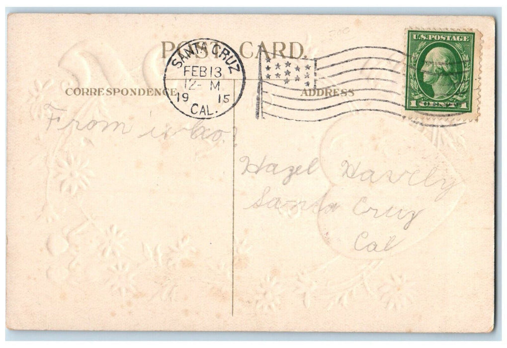 1915 Valentine Heart Cupid Angel Flowers Embossed Santa Cruz CA Antique Postcard