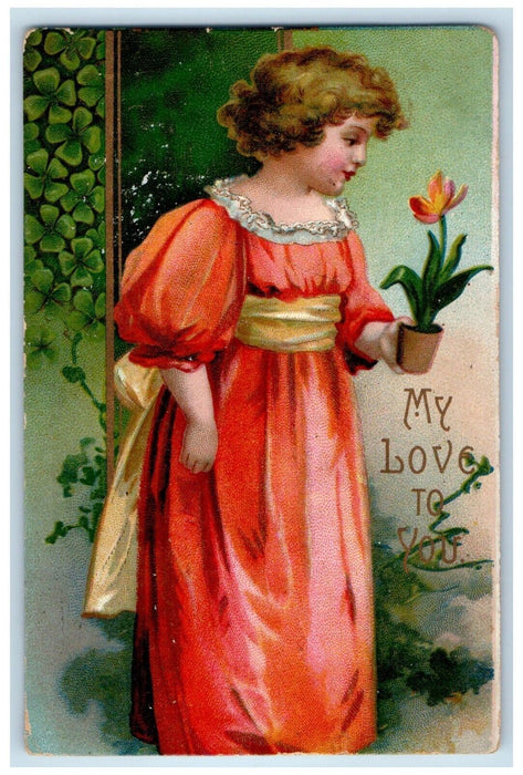 1910 Little Girl Holding Flowers Pot Shamrock Chicago Illinois IL Postcard