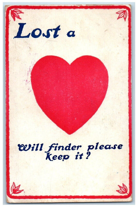 c1905 Valentine Lost A Heart Will Finder Please Keep It Posted Antique Postcard