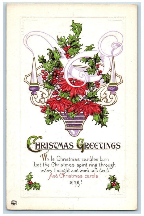 c1910's Christmas Greetings Holly Berries Poinsettia Flowers Embossed Postcard