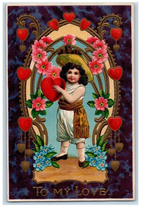 c1910's Valentine Child Hearts Pansies Flowers Embossed Posted Antique Postcard
