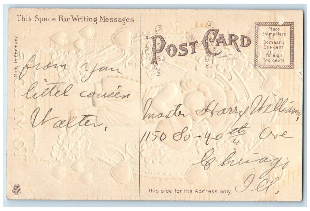 c1910's Valentine Child Hearts Pansies Flowers Embossed Posted Antique Postcard