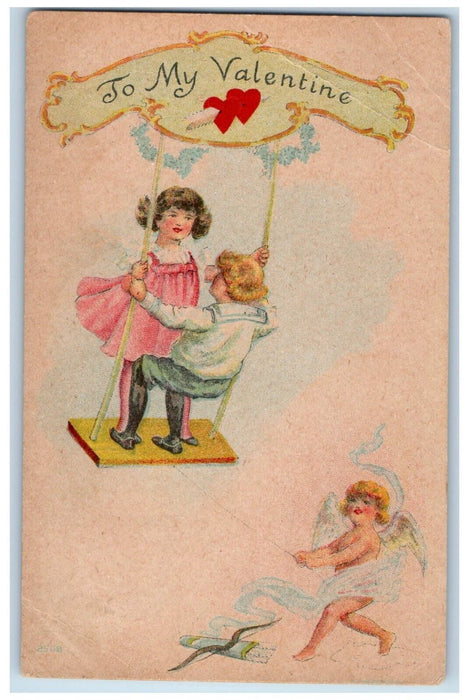 1910 Valentine Cupid Angel Swinging Children Meyer Illinois IL Antique Postcard
