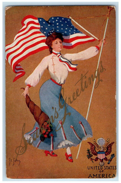 1909 Season's Greetings Woman Cornucopia Flowers Patriotic St. John Postcard