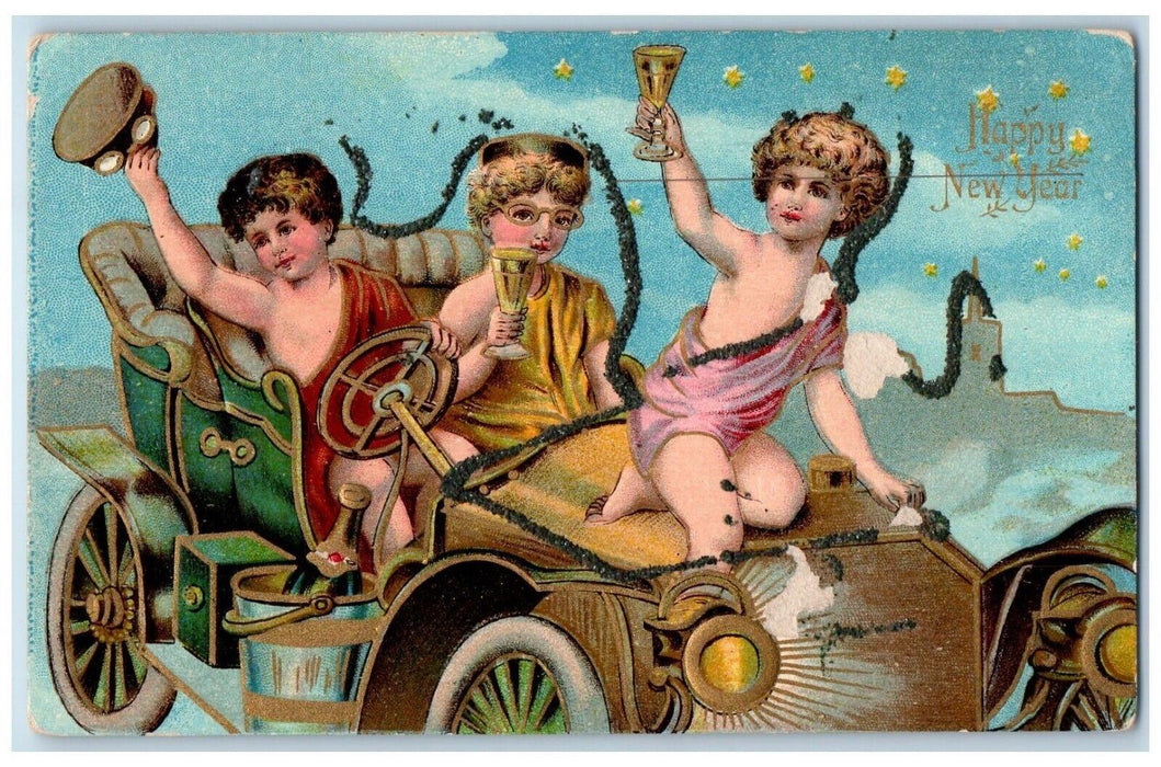 c1910's Happy New Year Children Driving Car Champagne Embossed Antique Postcard