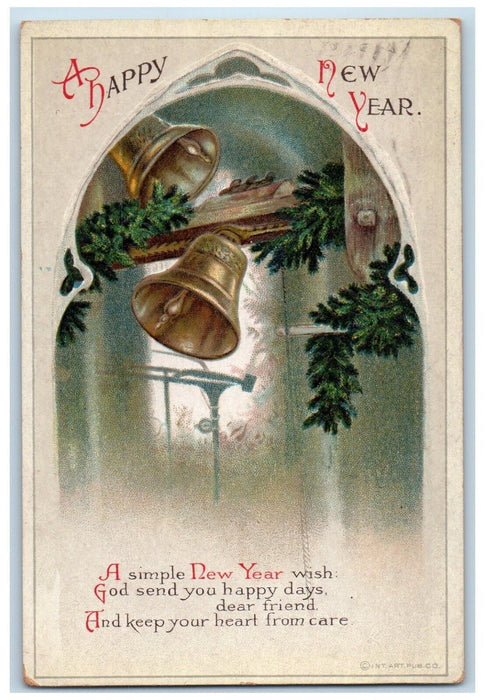 1917 Happy New Year Ringing Bell Pine Leaf Clapsaddle Calumet MI Posted Postcard