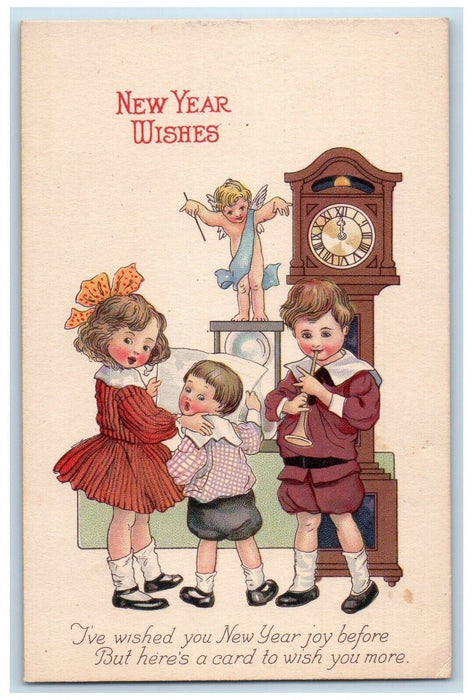 c1910's New Year Wishes Angel Clock Hourglass Children Singing Trumpet Postcard