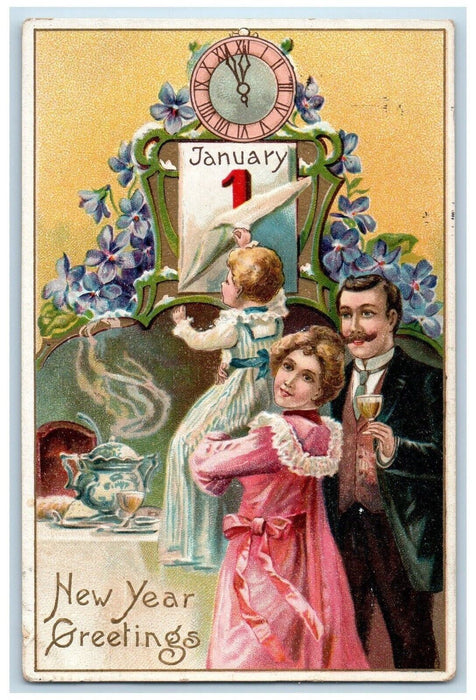 New Year Greetings Calendar Clock Champagne Flowers Embossed Tuck's Postcard