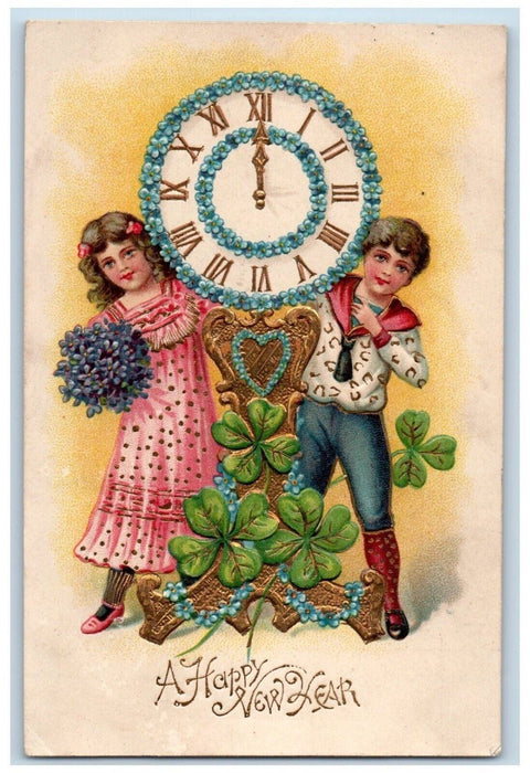 1905 Happy New Year Children Pansies Flowers Clock Heart Shamrock Postcard