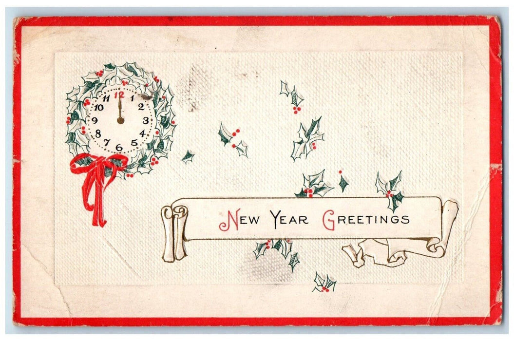 c1910's New Year Greetings Minimalist Holly Berries Clock Embossed Postcard