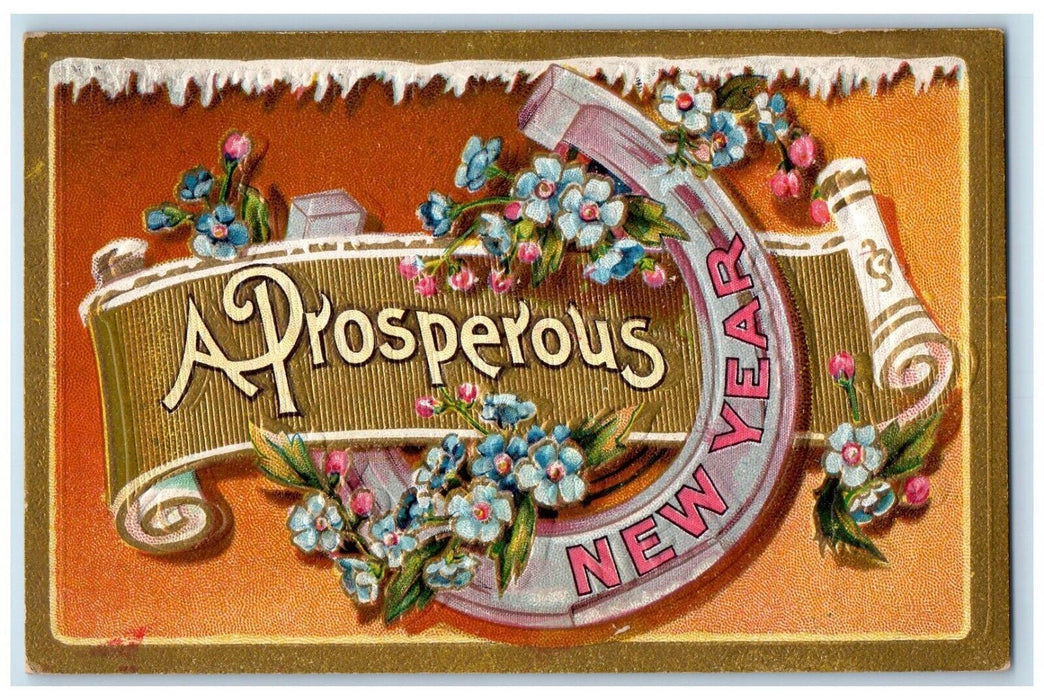 New Year Horseshoe Goodluck Pansies Flowers Embossed Nash Kalamazoo MI Postcard