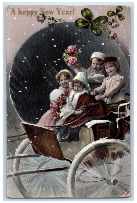 1912 New Year Children Riding Horse Carriage Clover Gel Galeton PA Postcard