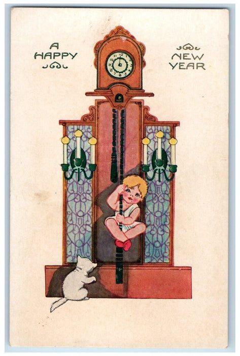 c1910's Happy New Year Little Boy Ringing Clock Candles Dog Embossed Postcard