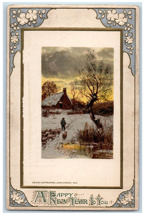 c1910's Happy New Year John Winsch House Winter Embossed Posted Antique Postcard