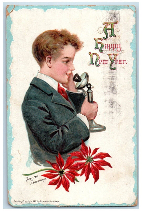 1915 Happy New Year Boy Telephone Poinsettia Flowers Frances Brundage Postcard